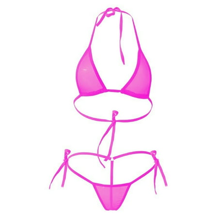UTSJKR Sexy Bikini Underwear Women s Three-Point Swimsuit Suit Transparent Mini lace up Thong Sheer Mesh Halter Bikini Sets Hot Pink Free Size