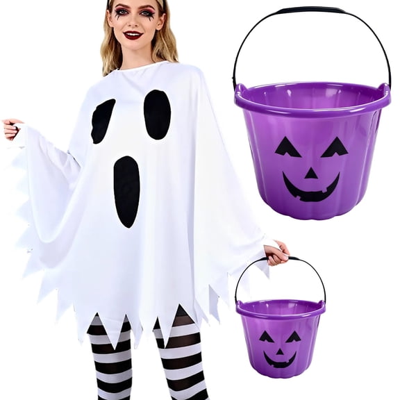 Halloween Pumpkin Candy Bucket, Plastic Pail with Handle, Trick-or-Treat Candy Storage and Party Decoration -P