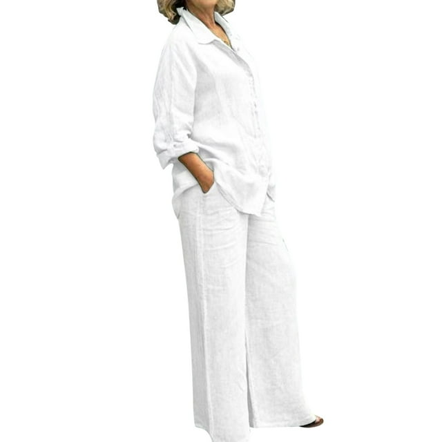 GDREDA Womens Cotton Linen Set 2 Piece Outfits Summer Button Down Shirt Wide Leg Pants Matching Sets White,M