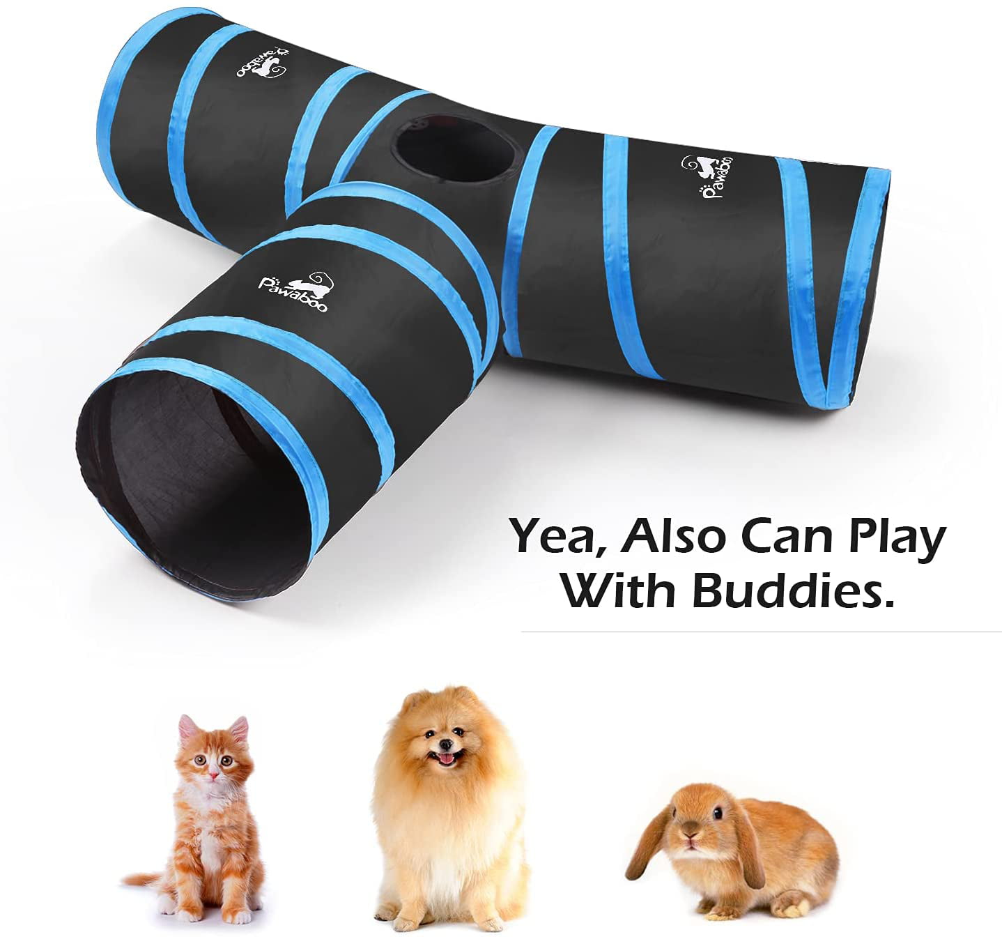 Pawaboo Cat Toys Blue Cat Tunnel Tube 4 Way Tunnels 25x53cm Extensible Collapsible Cat Play Tent Interactive Toy Maze Cat House with Balls and Bells for Cat Kitten Kitty Rabbit Small Animal 