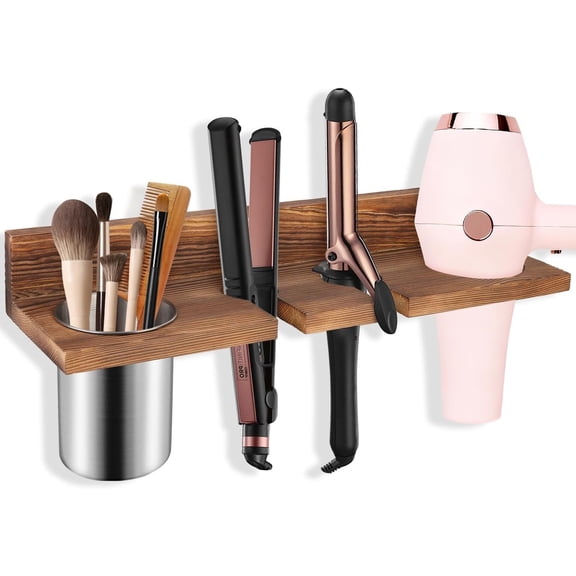Hair Tool Organizer for Bathroom - Wall Mounted Hair Dryer Holder with Heat-Resistant Cups, Curling Iron & Straightener Rack, Blow Dryer Organizer for or Wall (Brown)