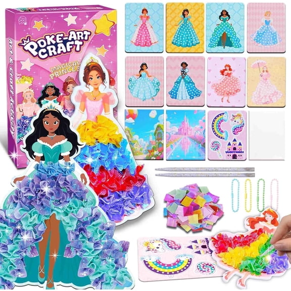 Adofi Poke Art & Craft Kits, Mess-Free Fabric Creative Art, Arts and Crafts for Kids Ages 3-12, DIY Toddler Craft Sets Magical Princesses Birthday Gifts, Poke in Crafts Art Kits for Girls 4-8