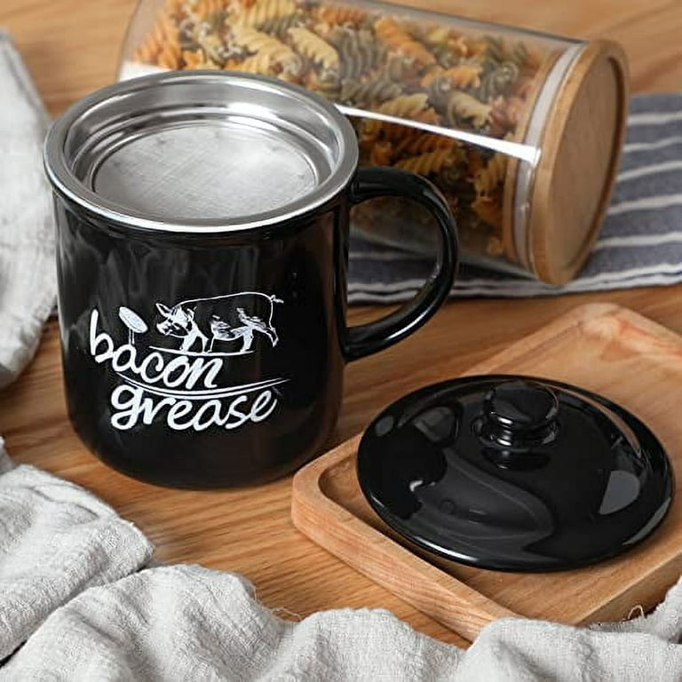 Zulay Kitchen Bacon Grease Container with Strainer - Black