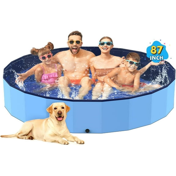 Foldable Dog Pool, Hard Plastic Shell Portable Swimming Pool for Dogs Cats and Kids Pet Puppy Bathing Tub Collapsible Kiddie Pool (87inch.D x 15.7inch.H, Blue)