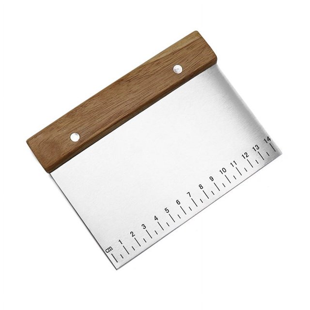 Raspador multiusos de acero inoxidable, raspador graduado para hornear, espátula para tartas, mango de madera para cortar harina