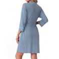 thumbnail image 4 of JWD Womens Waffle Wrap Robe V Neck Tie Waist 3/4 Sleeve Lounge Nightgown Soft Sleepwear Light Blue L, 4 of 5