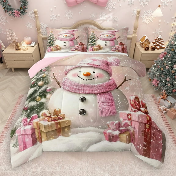 Manfei Cartoon Christmas Snowman Bedding Comforter Set,Merry Xmas Twin Comforter Sets,Pink Gold Green Bedding Set For Girl Boys Kids,Super Cozy Room Decor Reversible,2-Piece