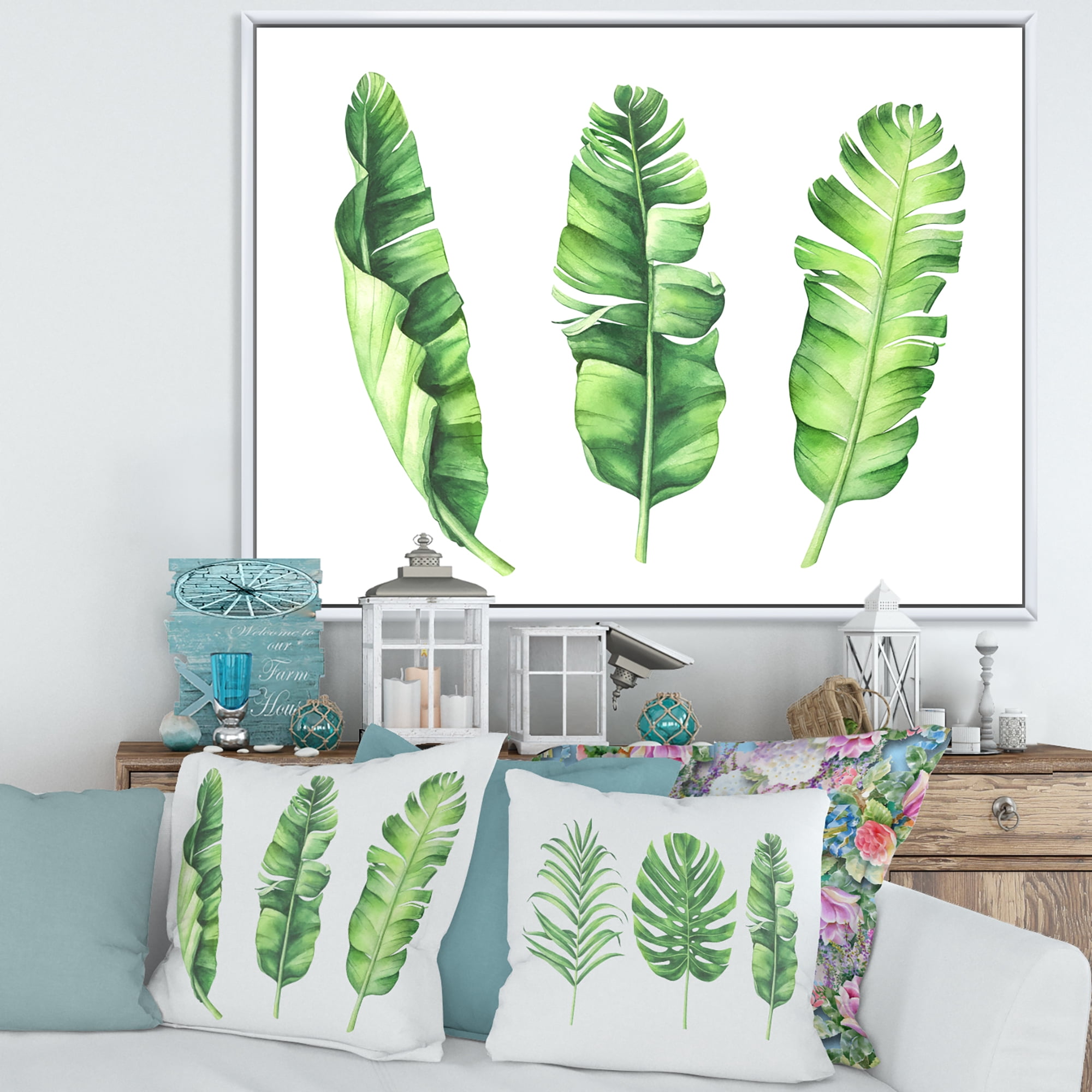 Designart 'Tropical Banana Leaves Set On White' Farmhouse Framed Canvas Wall Art Print