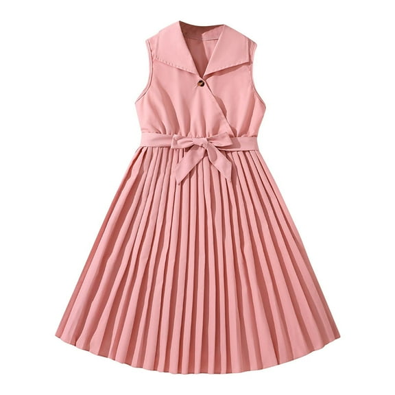 Owordtank Big Girls Sleeveless Pleated Summer Dress Kids Casual A line Swing Dresses Tween V Neck Tie Waist Midi Dresses