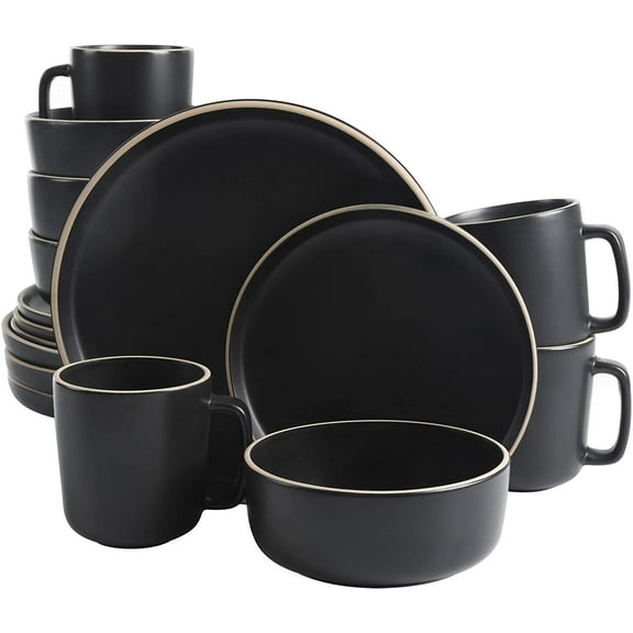 Gibson Home Zuma 16 Piece Round Kitchen Dinnerware Set, Dishes, Plates, Bowls, Mugs, Service for 4, Matte Stoneware, Black
