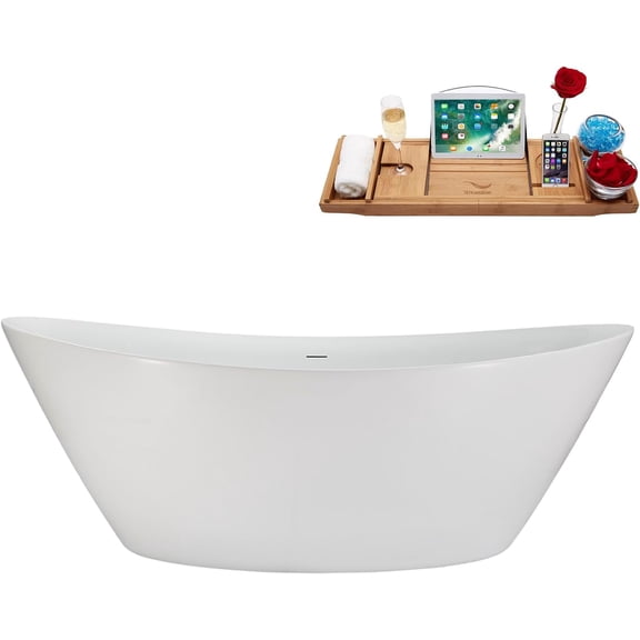 71" Streamline NB6360BGL Soaking Glossy White Freestanding Tub and Tray With Internal Drain in Brushed Gold