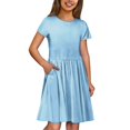 thumbnail image 2 of Short Sleeve Dress Girls Summer Kids Toddler Skater Twirl A Line Solid Color T-Shirt Dress Casual 4-14 Y, Light Blue, 2 of 9