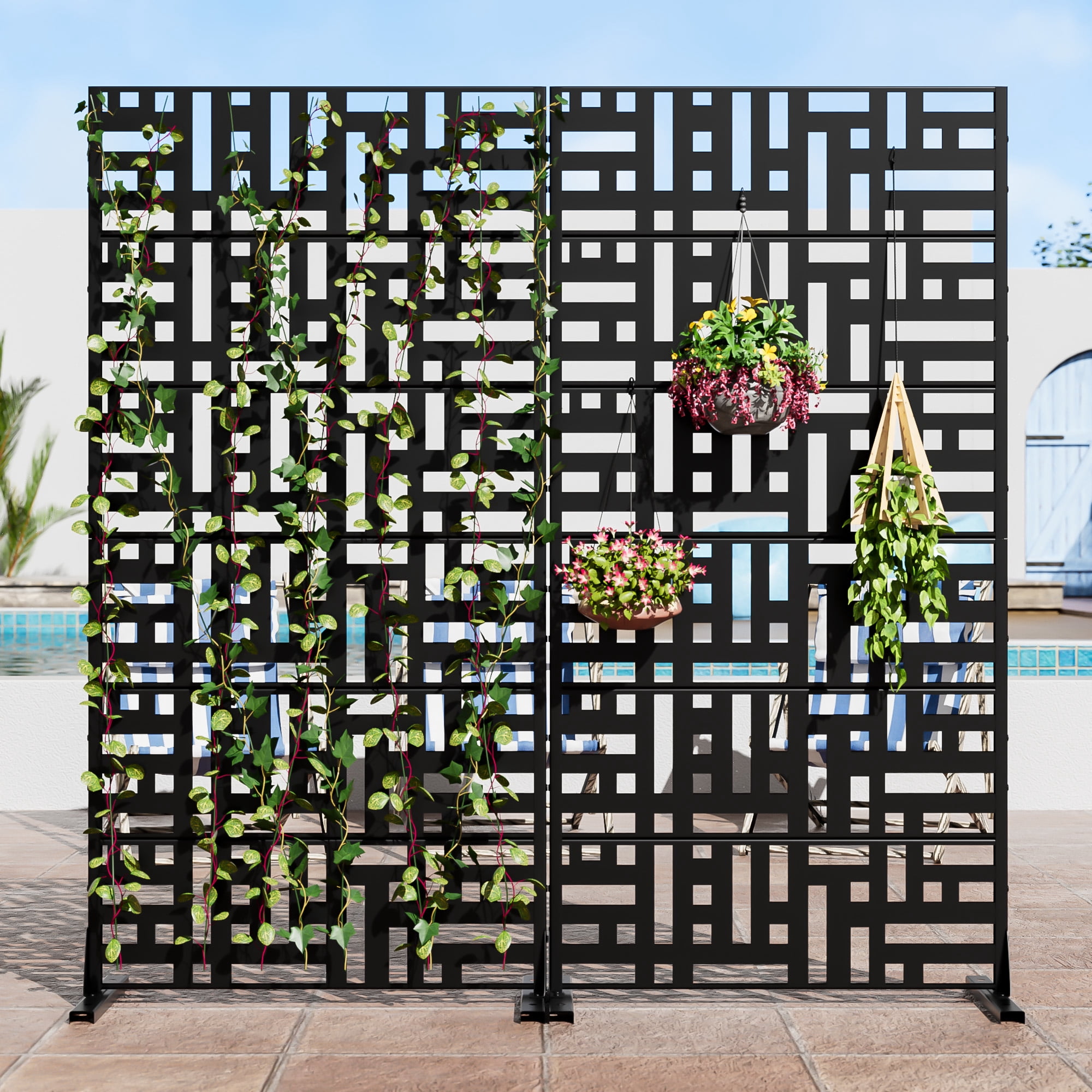 MAYEERTY 72 × 35in Outdoor Privacy Screen with Stand Metal Balcony Decorative Screen, Black