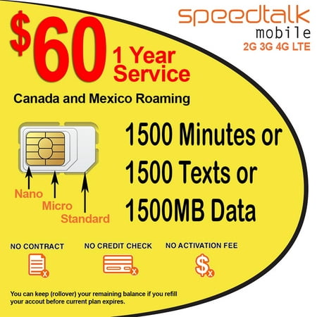 1 Year Wireless Plan $60 Prepaid GSM SIM Card No Contract Rollover TalkText Data With Canada & Mexico (Best Network For Data Roaming)