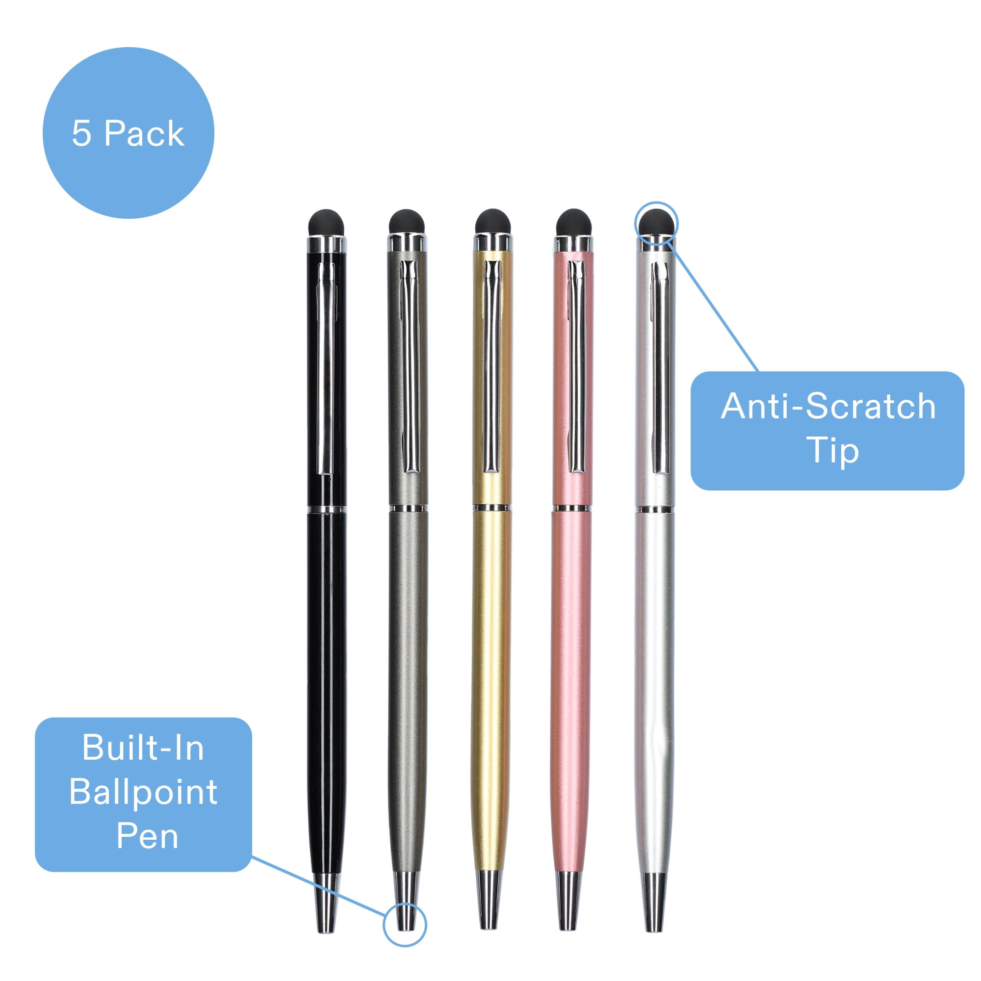 onn. 2-in-1 Stylus with Built-In Ballpoint Pen, 5 Pack
