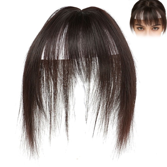 Dwellin Human Hair Bangs No Clips Paste Toppers for Women Female Covering White Hairs Extension Cap Wig Top Hair Patch Thin Short Wiglet Hairpieces