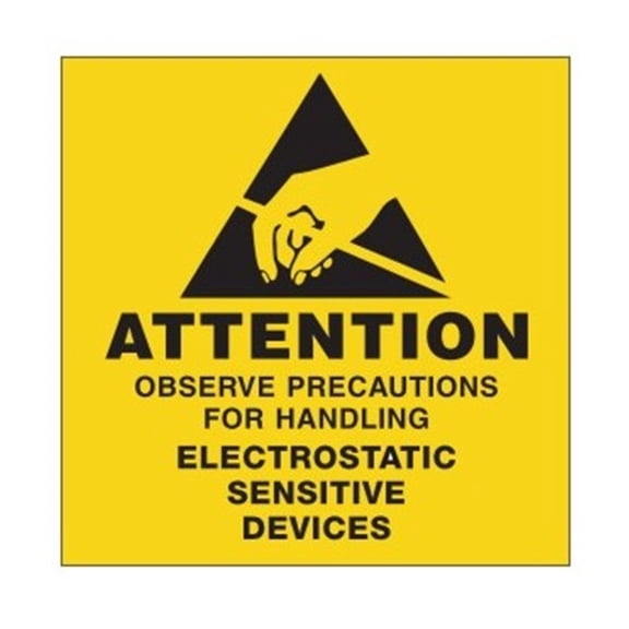 "ATTENTIONELECTROSTATIC SENSITIVE" Stick-on Labels, 2" x 2", Fluorescent Yellow & Black, Dispenser Box - 500 Labels