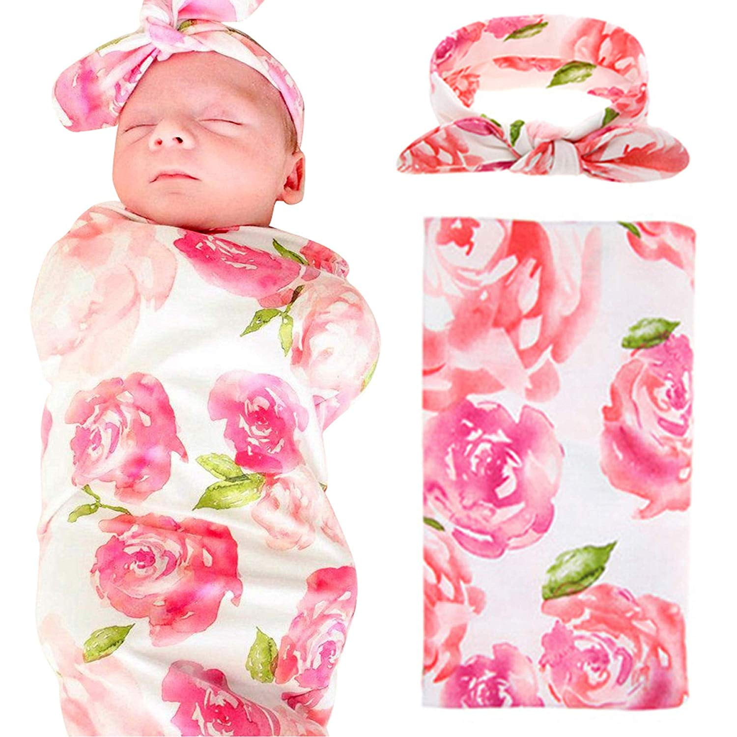Newborn Baby Floral Swaddle Blanket Receiving Blanket Swaddle Wrap Headband 