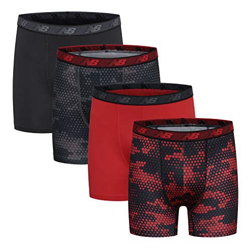 New Balance Boy's Underwear, Performance Boxer Briefs 4-Pack, Magnet  Print/Team Red/Black/Team Red Print, Medium 