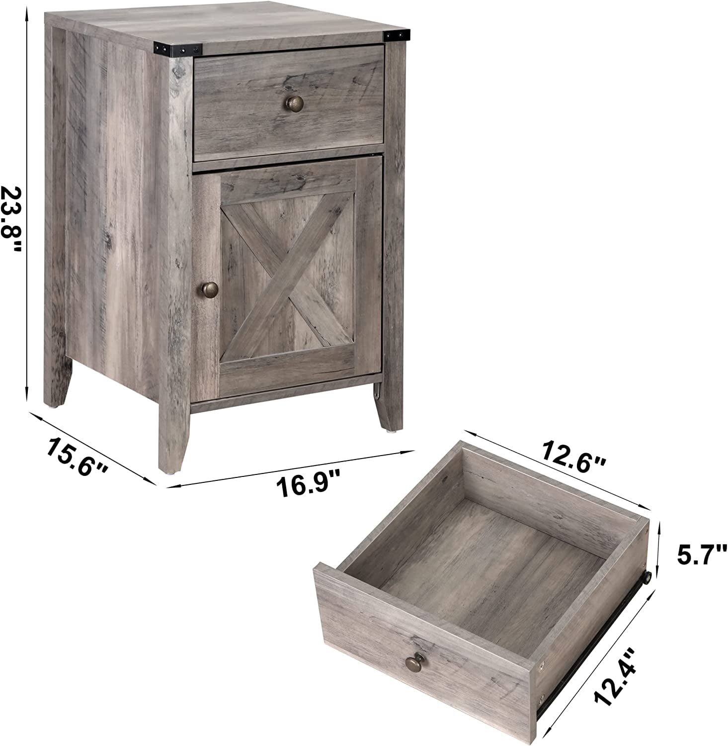 Tolead 2 Piece Barnwood Rustic Nightstand with Barn Door and Drawers, Living Room, Bedroom, Gray
