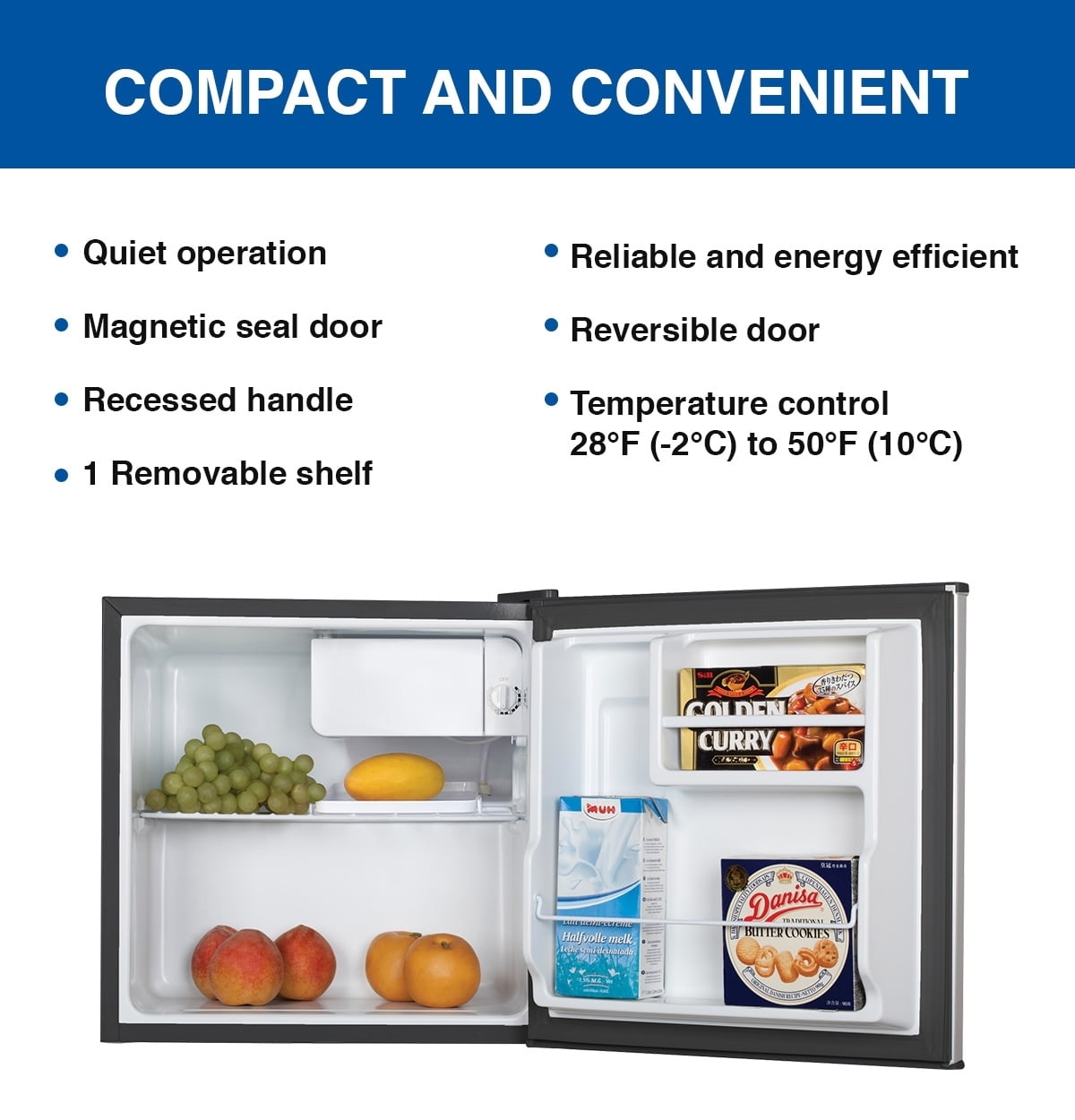 Koolatron 1.6 cu ft (44L) Stainless Steel Compact Fridge with Freezer, Flat Back, Reversible Door, Energy Efficient