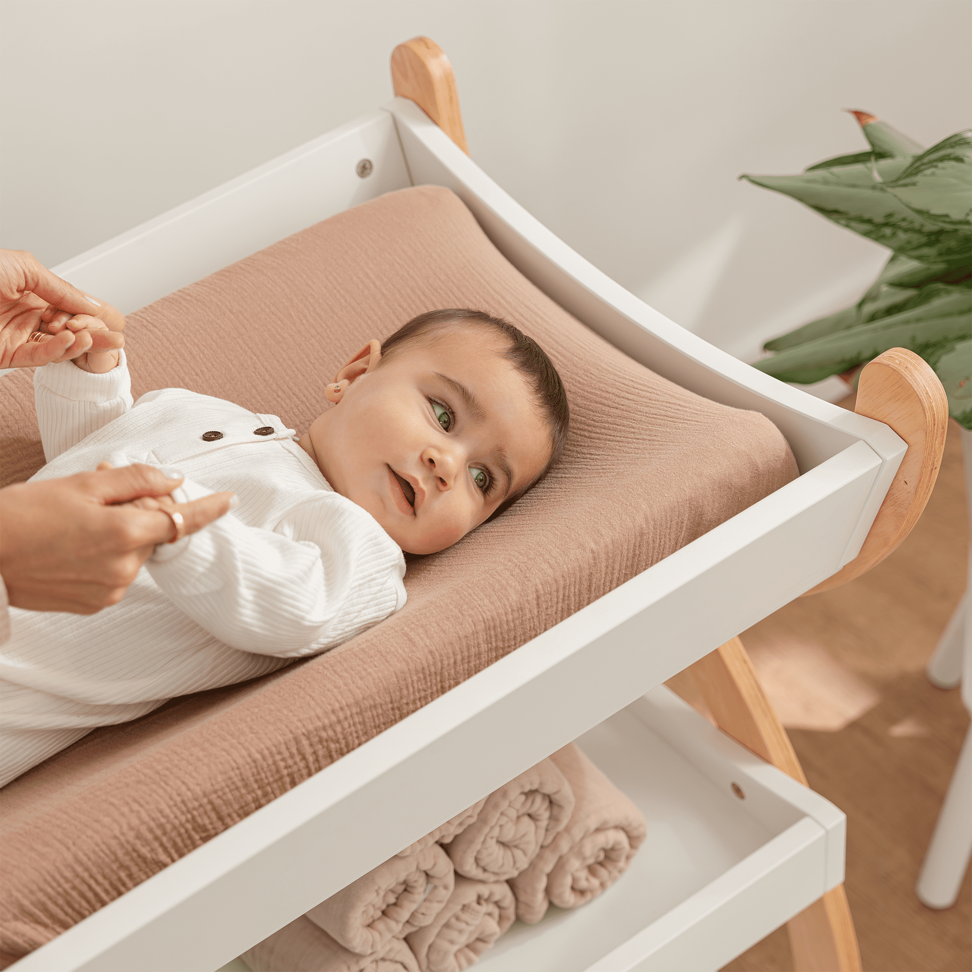 Comfy Cubs Baby Changing Table with Two Open Shelves for Storage - White with Natural Wood Legs