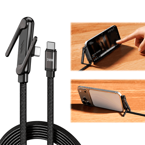 HBK 240W USB C to USB C Cable with Built-in Invisible Stand, Flat Fast Charging Cord with Right Angle Connector for iPhone 17 Series, Samsung Galaxy S25 S24 Ultra etc