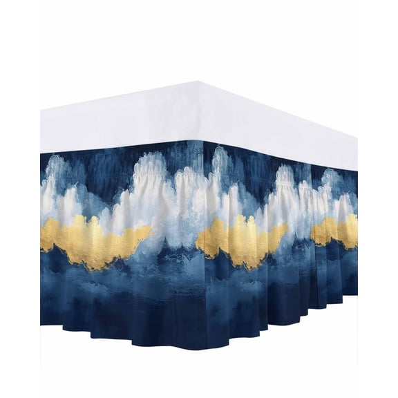 Navy Blue Bed Skirt King Size, Abstract Modern Oil Painting Art Wrap Around Bed Skirting with Adjustable Elastic Strap, Dust Ruffled Pleated Bedskirts 18 Inch Drop for Bedroom King Beds