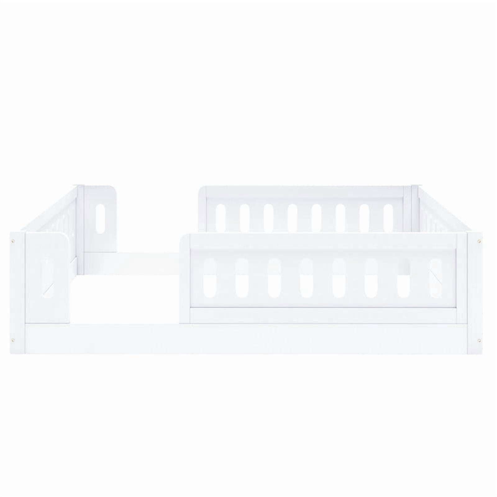 Full Size Low Profile Platform Bed with Guardrails, Wooden Montessori Kids Floor Bed without Support Slat