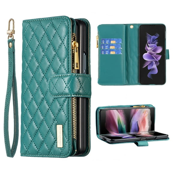 Galaxy Z Fold 5 Women Wallet Case, Magnetic Leather Purse Zipper Wallet Folio Flip Credit Card Coin Stand Case with Wristp Hand Strap Lanyard Compatible with Samsung Galaxy Z Fold 5,
Green