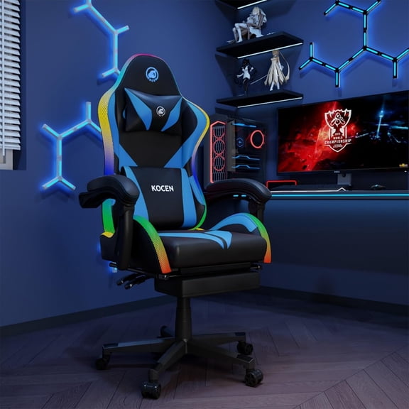 Gaming Chairs for Adults Tall and Kids,Lumbar Support,LED Lights,High Back Reclining Computer Chair with Headrest (Black Blue)