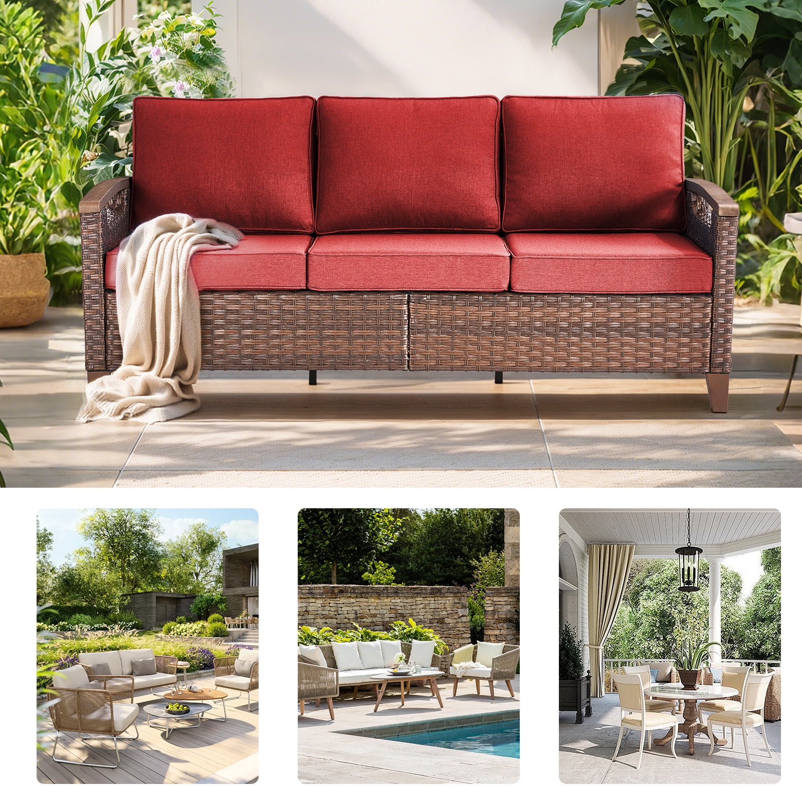 Bellefurn Wicker Patio Sofa Outdoor Couch,Patio 3 Seater Sofa Outdoor Rattan Furniture Sofa with Non-Slip Thick Cushions for Outdoor,Garden,Lawn,Backyard