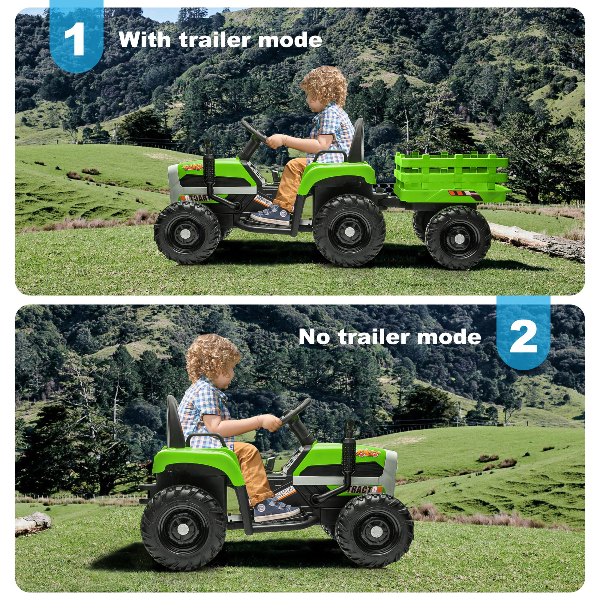 CIPACHO 12v Battery-Powered Kids Toy Tractor with Trailer and 3-Gear-Shift Ground Loader Ride On with USB&Bluetooth Audio Functions, Green CIPACHO 12v Battery-Powered Kids Toy Tractor with Trailer and 3-Gear-Shift Ground Loader Ride On with USB&Bluetooth Audio Functions, Green