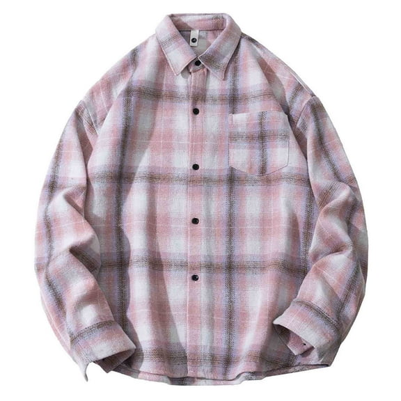 Fznquz Mens Button Up Shirt Plaid Pink Flannel Shirts Long Sleeve Pocket Button Down Big and Tall Men Clothes