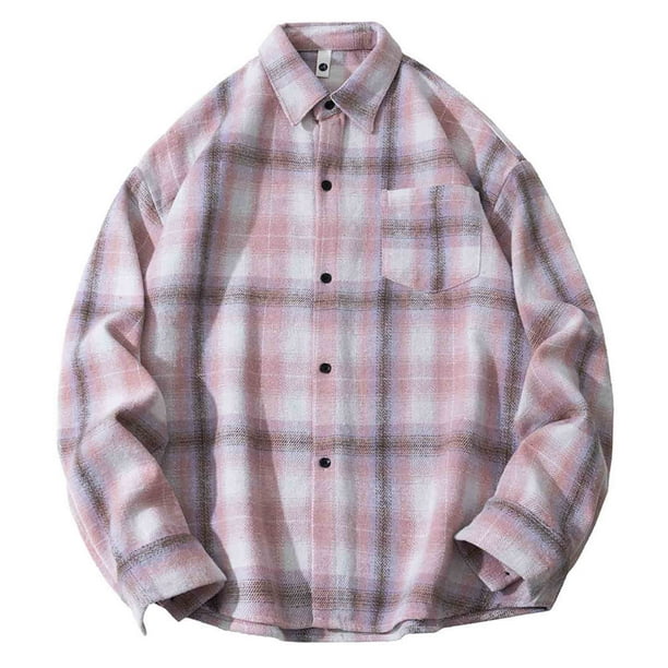 Blusa y camisa de manga larga con cuello vuelto para hombre, blusa informal a cuadros a la moda con botones y cuello vuelto, blusa de poliéster para hombre