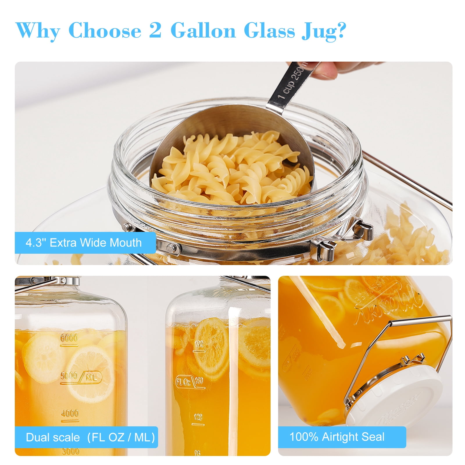 2 Pack 2 Gallon Glass Jar with Airtight Lid, 256 Oz Large Wide Mouth Mason Jar with Non-slip Base and Stainless Steel Handle - Glass Food Storage Containers for Flour, Cereals, Rice and Picking