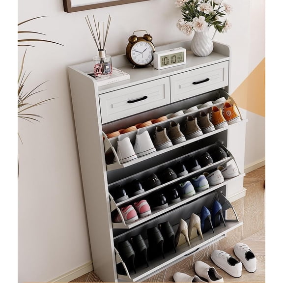 Shoe Storage Cabinet with 2 Flip Drawers and 2 Drawers, Freestanding Narrow Entryway Slim Hidden Shoe Rack Organizer Cabinet, White