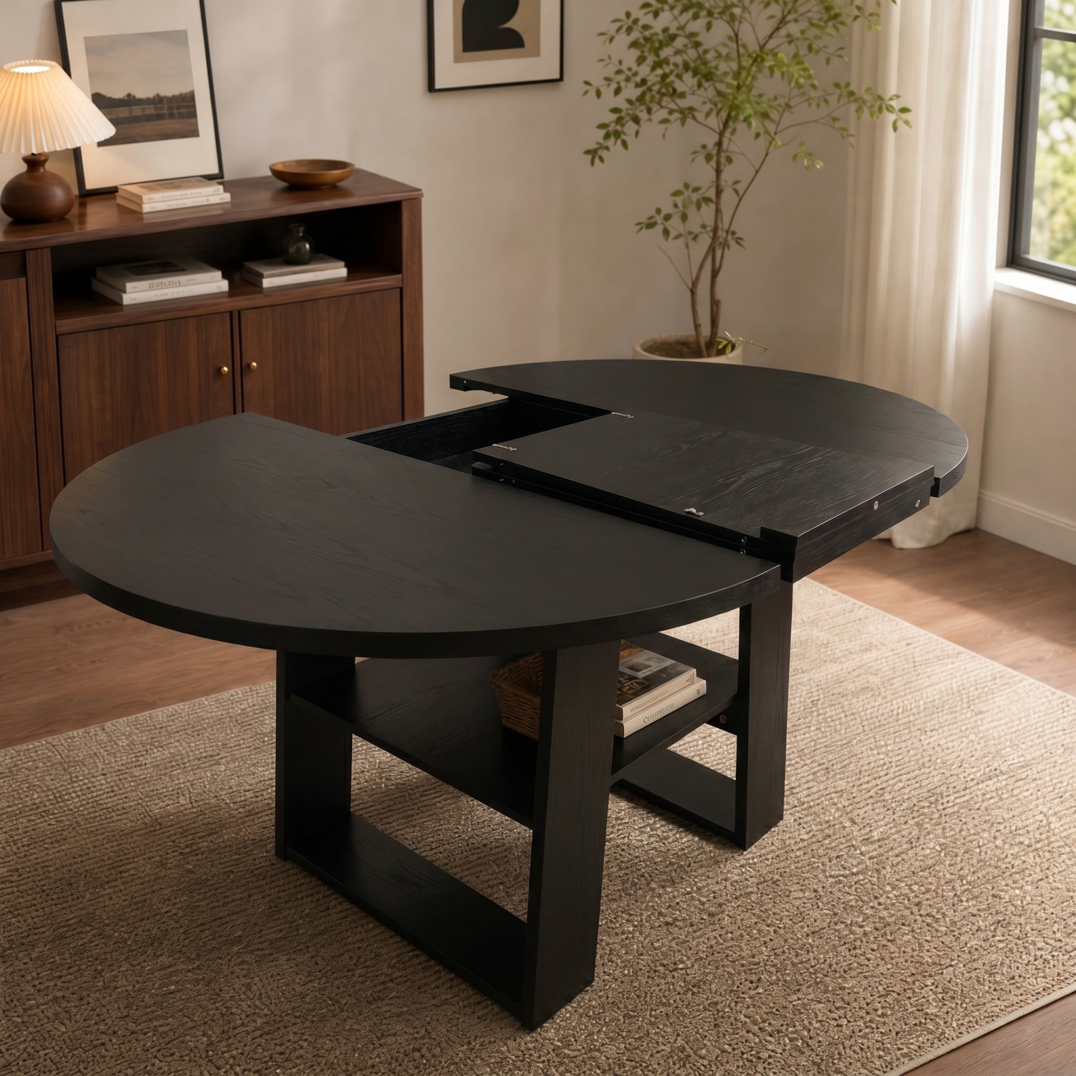 Noble House 43.3"-59.05" Extendable Round Dining Table, Oval Kitchen Table with Storage Shelf, Black