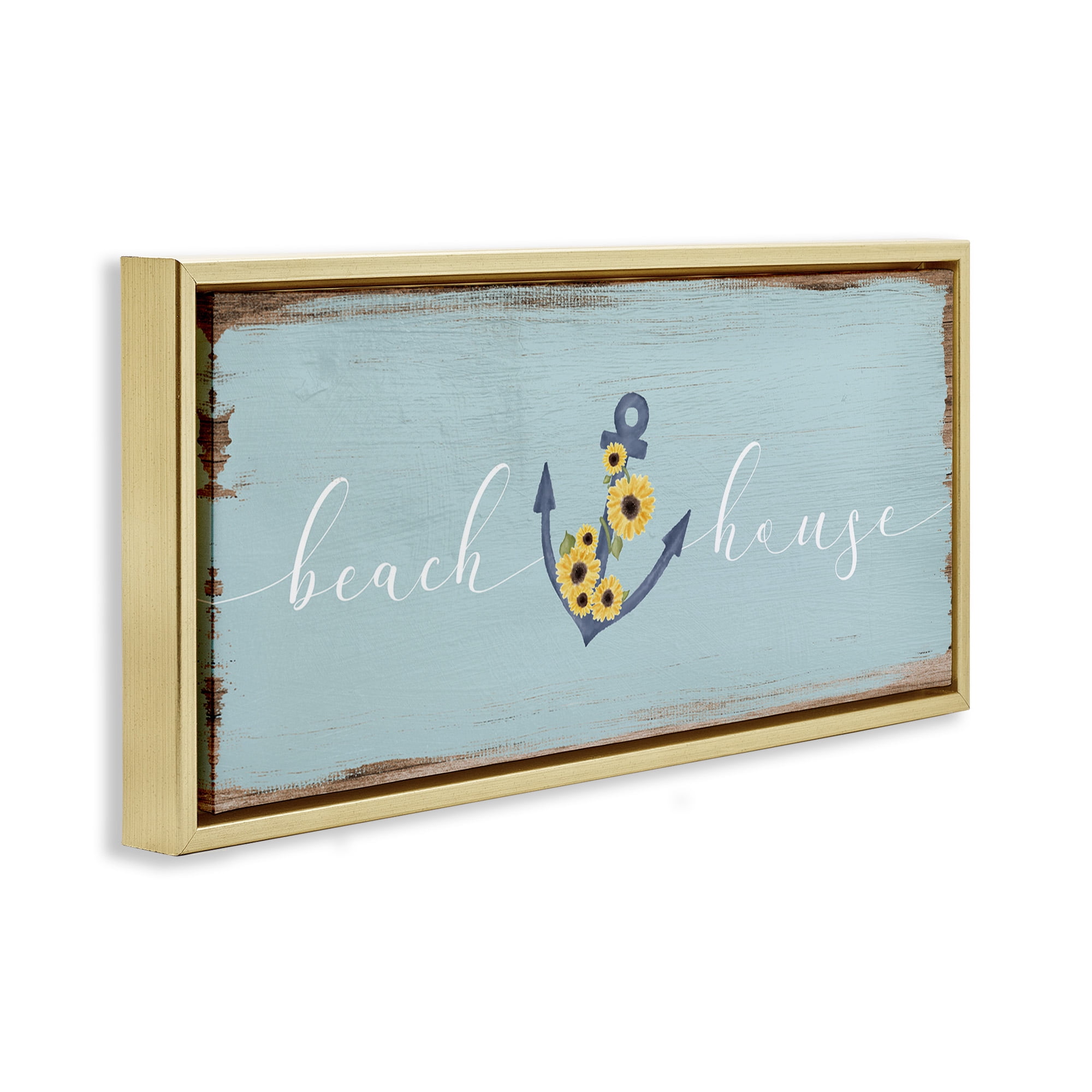 Stupell Industries Beach House with Floral Anchor Nature Painting Gold Floater Framed Canvas Art Print Wall Art, 25 x 11