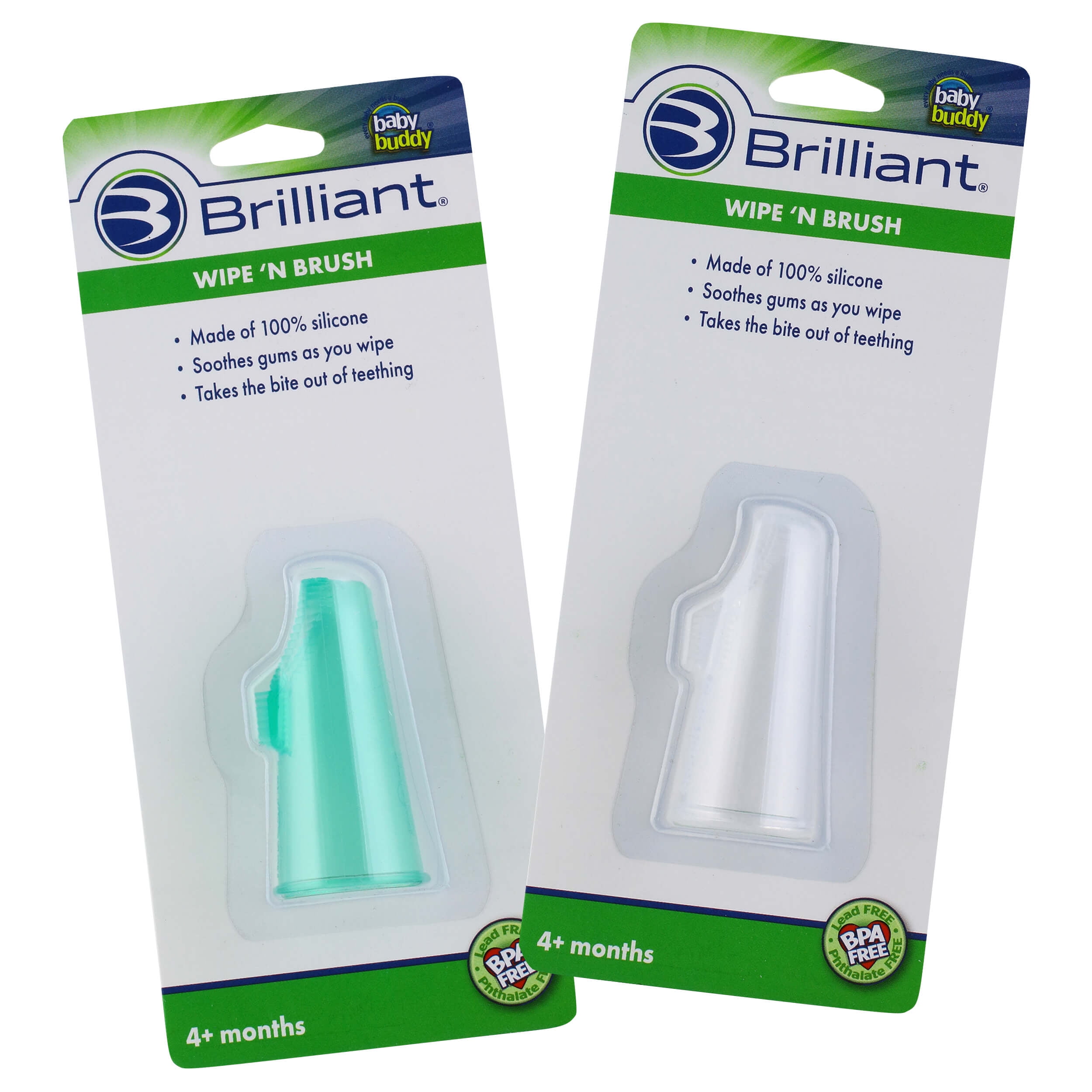 Baby Buddy by Brilliant Wipe N Brush Soft Silicone Toothbrush, Dental Wipe Assistant, Use with Tooth Tissues,Green-Clear