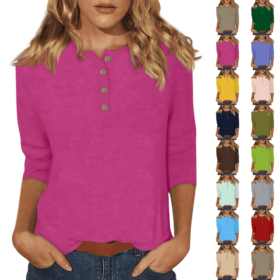 Women's 3/4 Sleeve Henley Tops Casual Button Down Blouses Loose Fit T Shirts Basic Summer Fall Tees Hot Pink 3XL