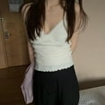 thumbnail image 2 of Top de verano para mujer, Color puro, cuello en V, tirantes finos, empalme, sin mangas, ribete de encaje, camisa ajustada, Top blanco, 2 of 8