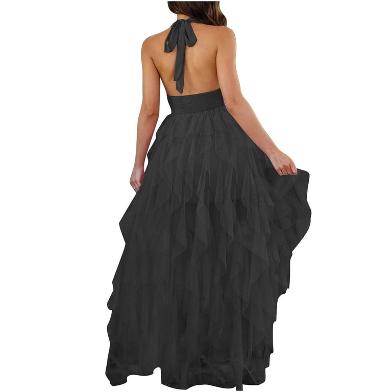 Ryrjj Tiered Tulle Prom Dress for Women Elegant Evening Maxi Dresses Halter V-Neck Formal Party Ball Gowns with Slit(Black,S), Women's, Size: Small