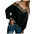 thumbnail image 2 of Off Shoulder Tops for Women Elegant Floral Lace Trim Black T-shirts Loose V Neck Long Sleeve Strappy Blouses (L, Black), 2 of 7