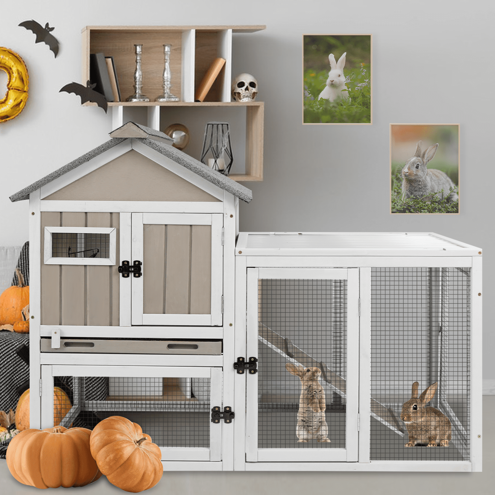 PETSCOSSET Rabbit Hutch Bunny Cage Indoor, Two-Story Large Rabbit Cage Guinea Pig House with Tray, Gray