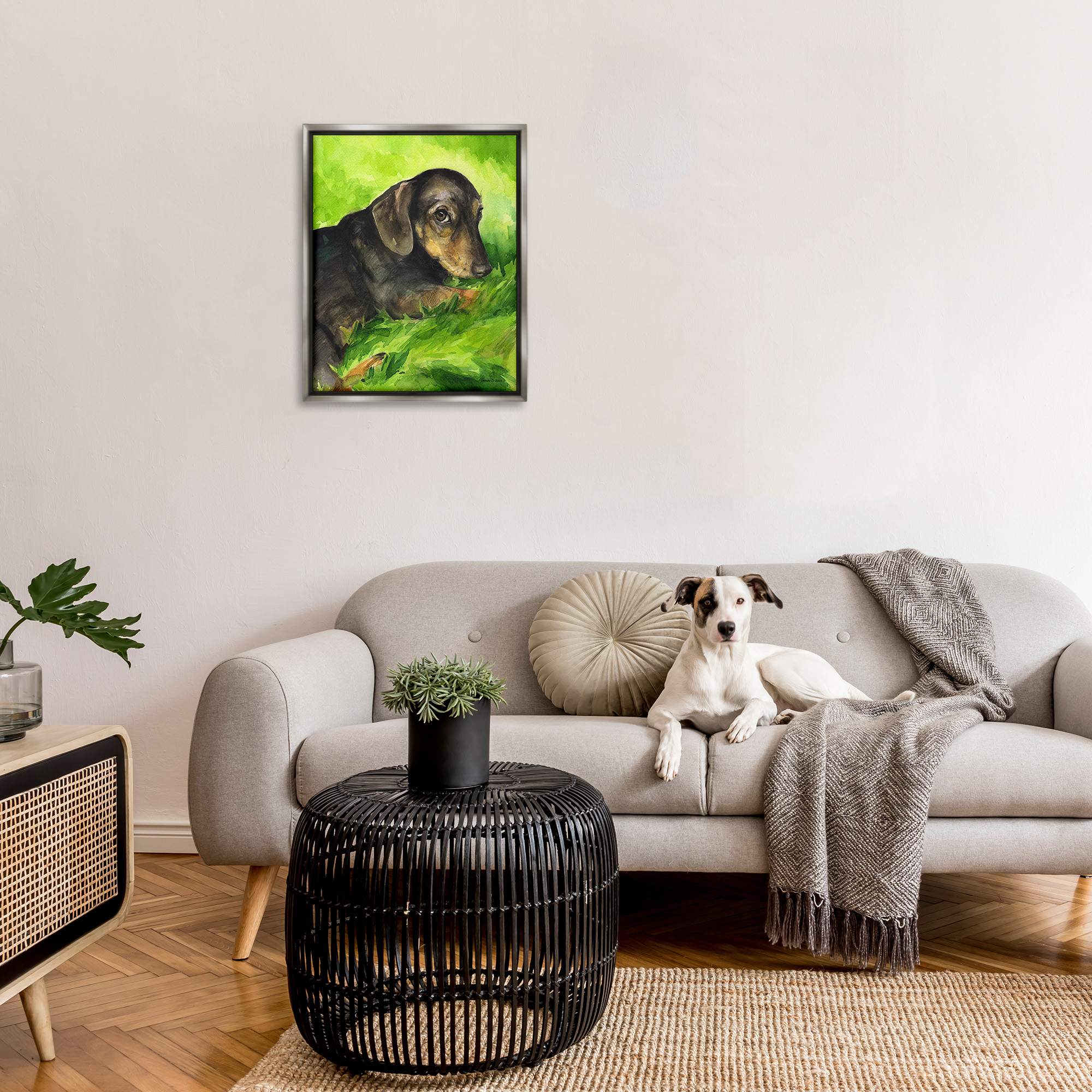 Stupell Industries Dachshund Relaxing in Grass Animals & Insects Painting Gray Floater Framed Canvas Art Print Wall Art, 25 x 31