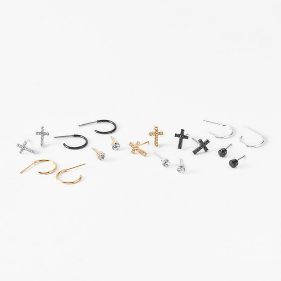 Claire's Mixed Metal Crystal Cross Earrings Set - 9 Pack