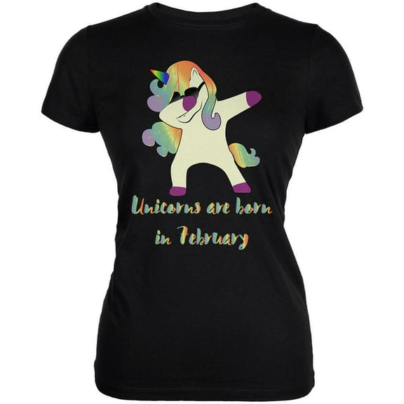 February Birthday Dabbing Unicorn Sunglasses Juniors Soft T Shirt Black 2XL