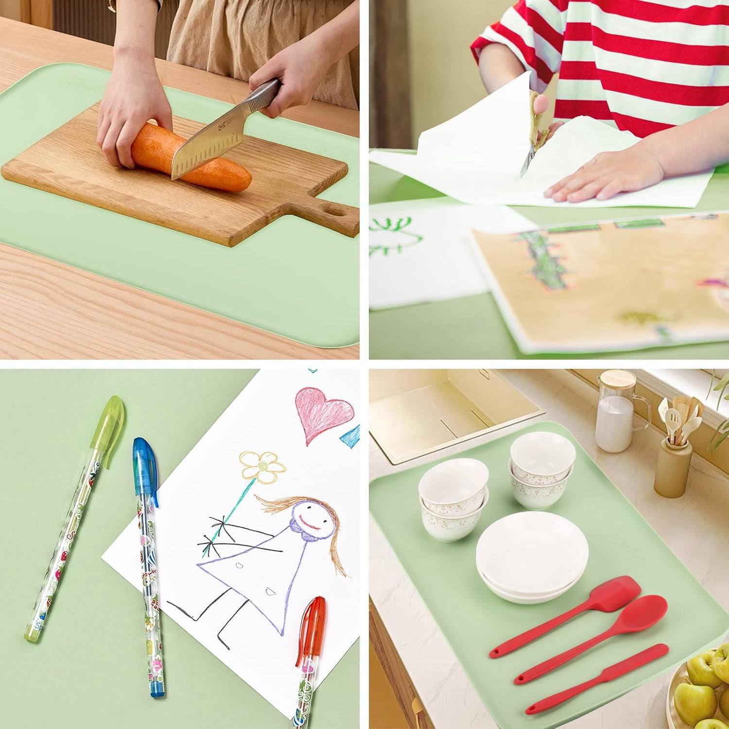2Pcs Silicone Painting Mat with Raised Edge 24" x 16" Waterproof Non-Slip Silicone Craft Mat for Painting, Clay，Jewelry-Making，Green