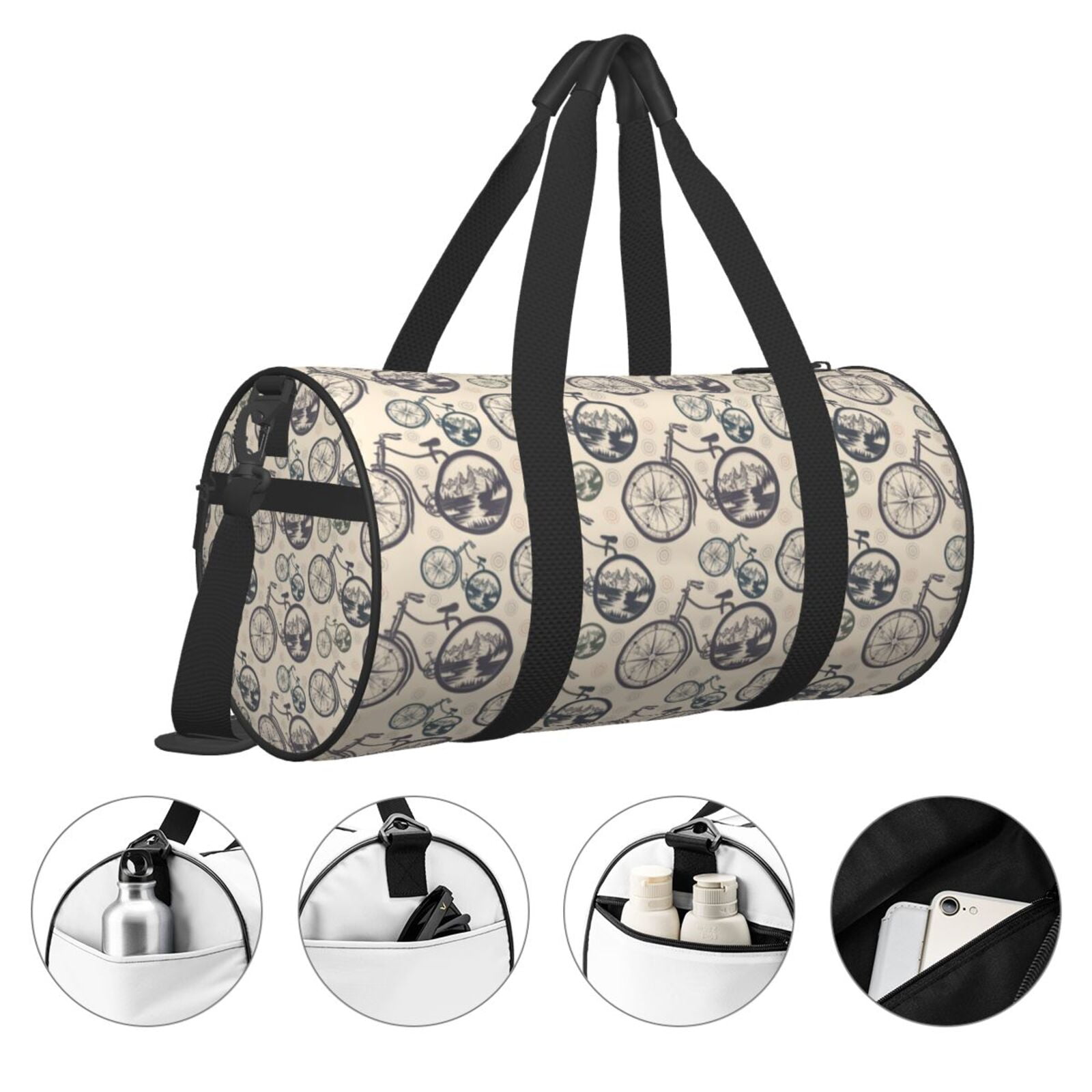 Xecao Compass And Mountains In Bicycle Wheels Print Travel Duffle Bag, Bag Carry On Tote Bags for Women, Travel Sport Gym Bag for Men, Hospital Bag for Labor and Delivery